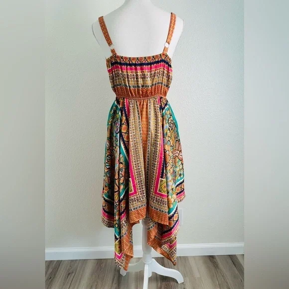 Rusttydustty Scarf Print Hanky Hem Cami Bohemian Dress Size Small - Picture 5 of 11